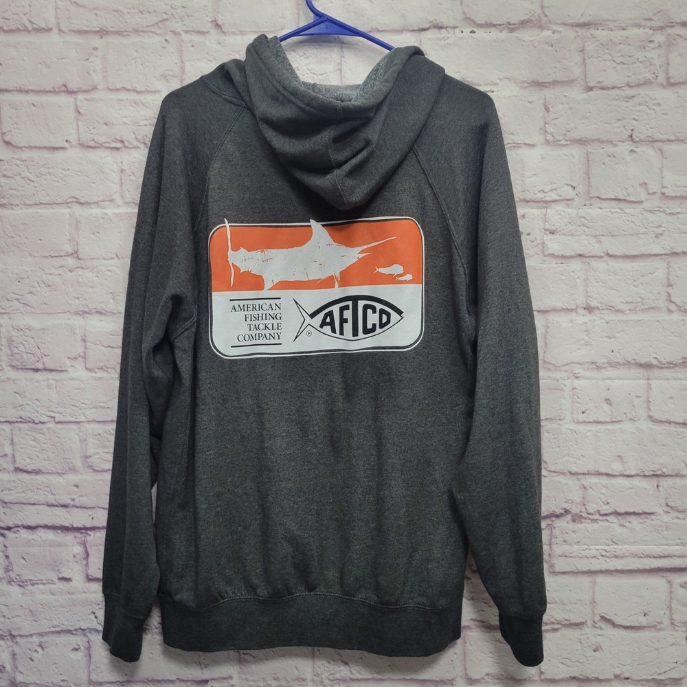 AFTCO Fishing Hoodie Soft Sweatshirt Mens L Back Graphic Gray Streetwear Utility